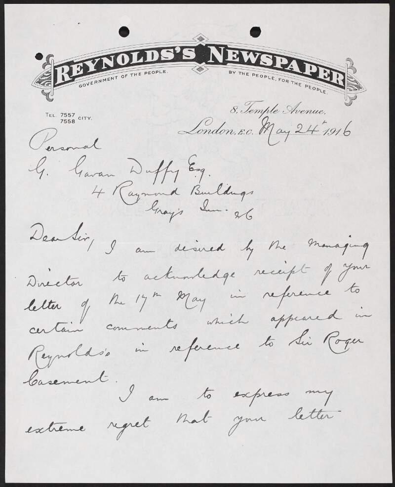 Letter from Reynolds Newspaper to George Gavan Duffy regarding articles about Roger Casement,