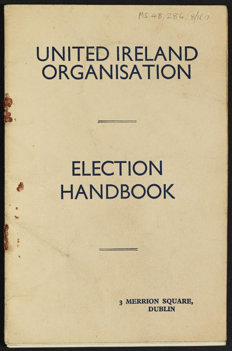 Pamphlet titled 'United Ireland Organisation: Election Handbook',