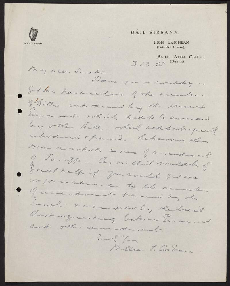 Letter from W. T. Cosgrave to James Green Douglas requesting information regarding the number of amendments passed by the Seanad,