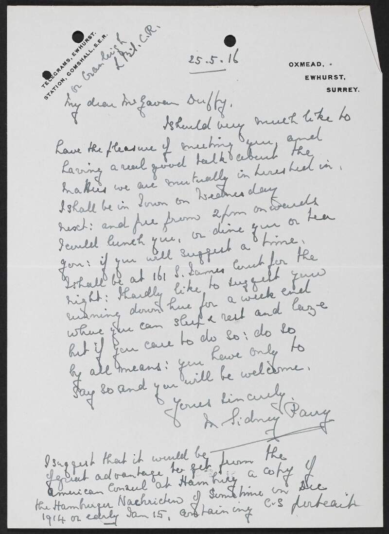 Letter from Methold Sidney Parry, Oxmead, Ewhurst, Surrey, to George Gavan Duffy regarding a visit,