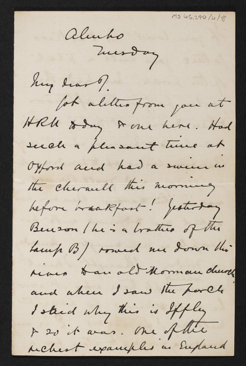 Letter from George Coffey, [Alucho], Wimbledon, to Jane Coffey regarding his visit to Oxford and meeting with Godfrey Benson, Liberal MP candidate in Oxfordshire,
