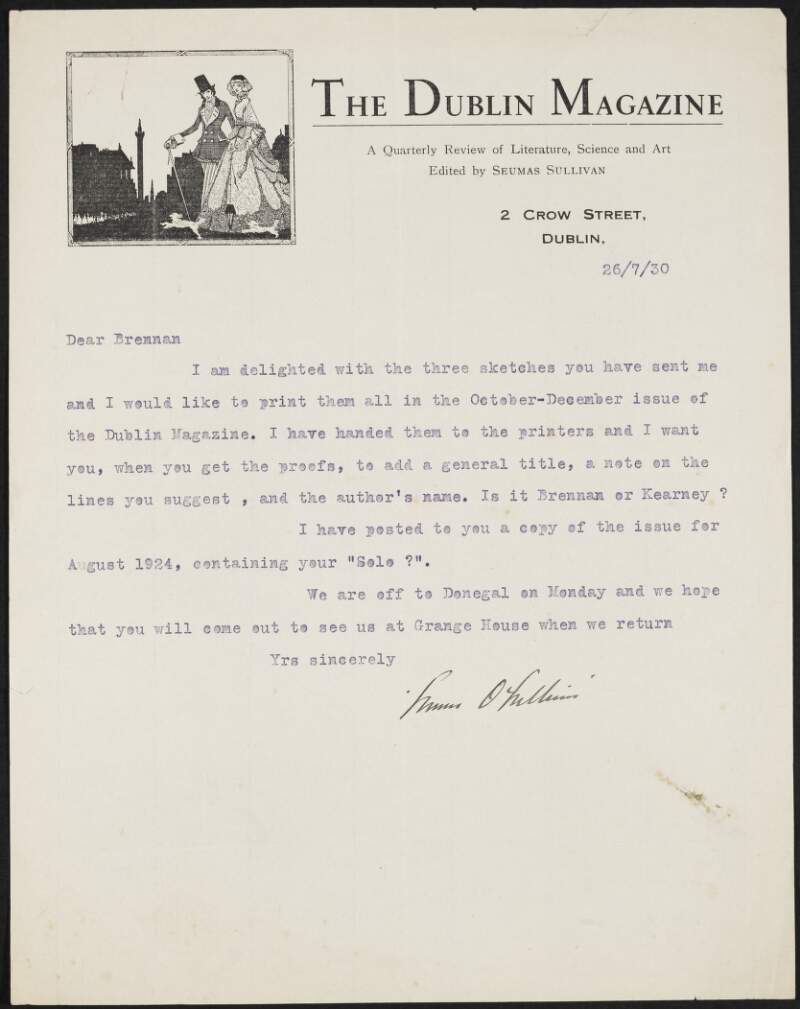Letter from Seumas O'Sullivan to Robert Brennan regarding printing his sketches in the October-December issue of the 'Dublin Magazine',