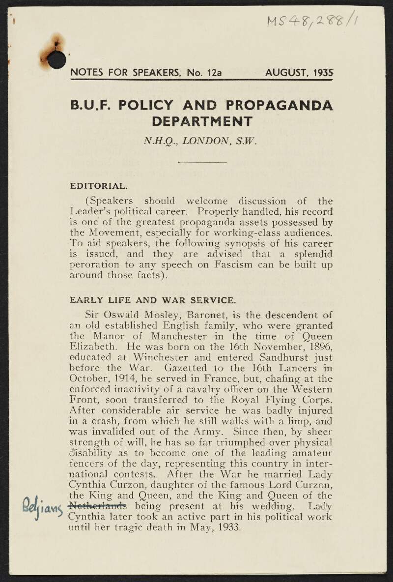 Leaflet entitled "B.U.F. [British Union of Fascists] Policy and Propaganda Department",