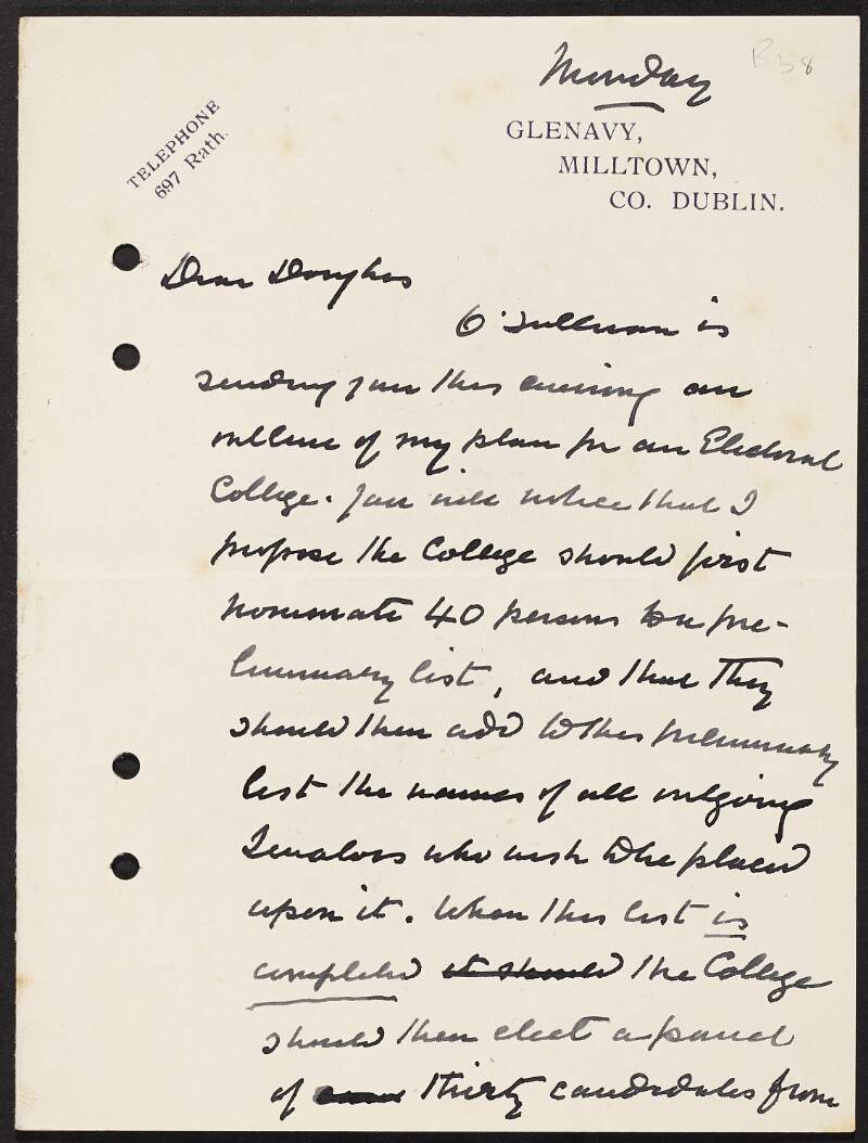 Letter from James Campbell, Baron Glenavy, to James Green Douglas regarding the electoral college,