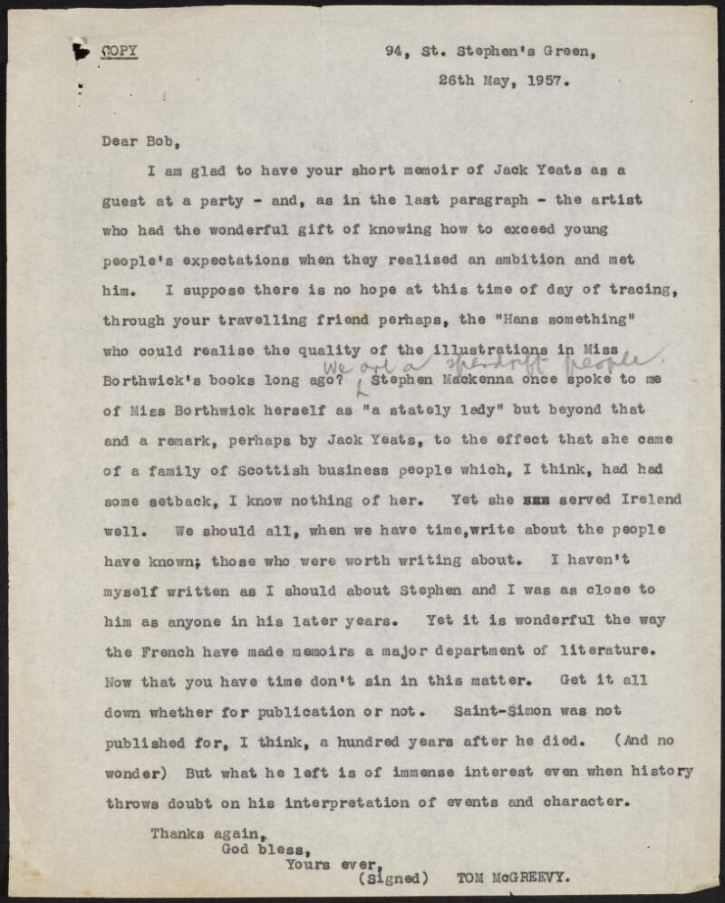 Letter from Thomas McGreevy, 92 St. Stephen's Green, Dublin, to Robert Brennan regarding his short memoir of Jack B. Yeats and writing a memoir for Stephen McKenna,