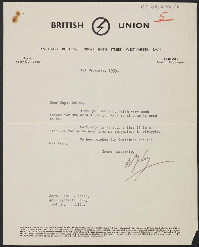 Letter from Oswald Mosley to Captain Liam D. Walsh thanking him for his card,