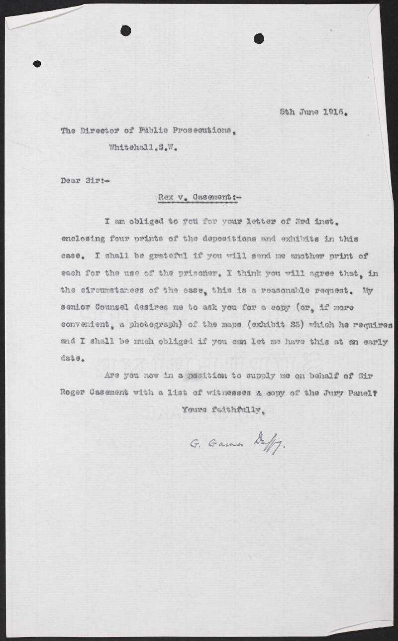 Letter from George Gavan Duffy to the Director of Public Prosecutions, Whitehall, asking for copies of depositions and exhibits needed for the trial of Roger Casement,