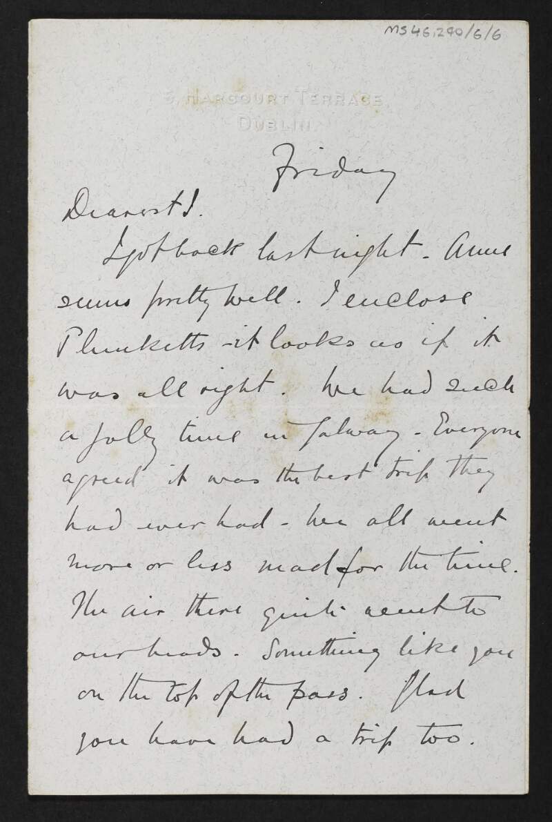 Letter from George Coffey to Jane Coffey regarding his journey back to Dublin from Galway,