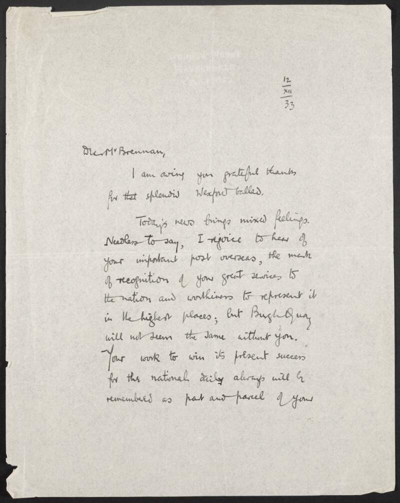 Letter from Aodh de Blácam, Sruhan House, Ravendale, County Louth, to Robert Brennan congratulating him on his new post and expressing his gratitude and admiration of Brennan,
