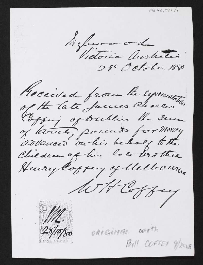 Photocopy from W.H. Coffey acknowledging receipt of money by the children of Henry Coffey under the will of George Coffey's father, James Charles Coffey, dated 28 Oct. 1880,