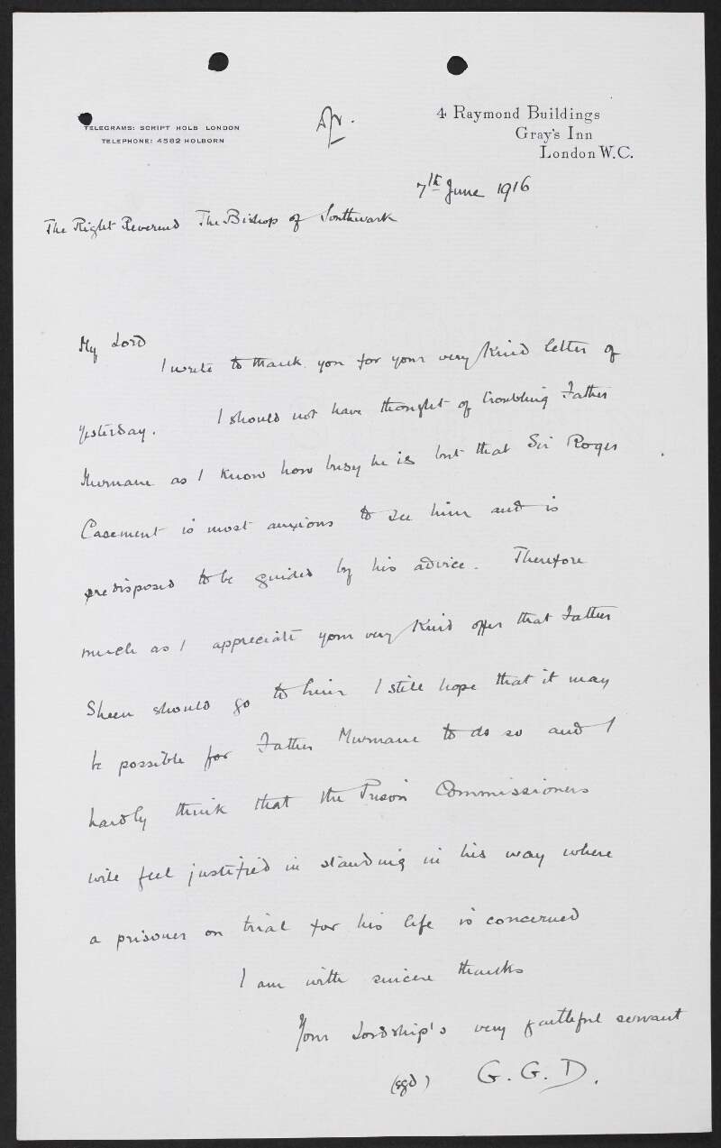 Letter from George Gavan Duffy to Peter Amigo, Bishop of Southwark, regarding Reverend Edward Murnane visiting Roger Casement in prison,