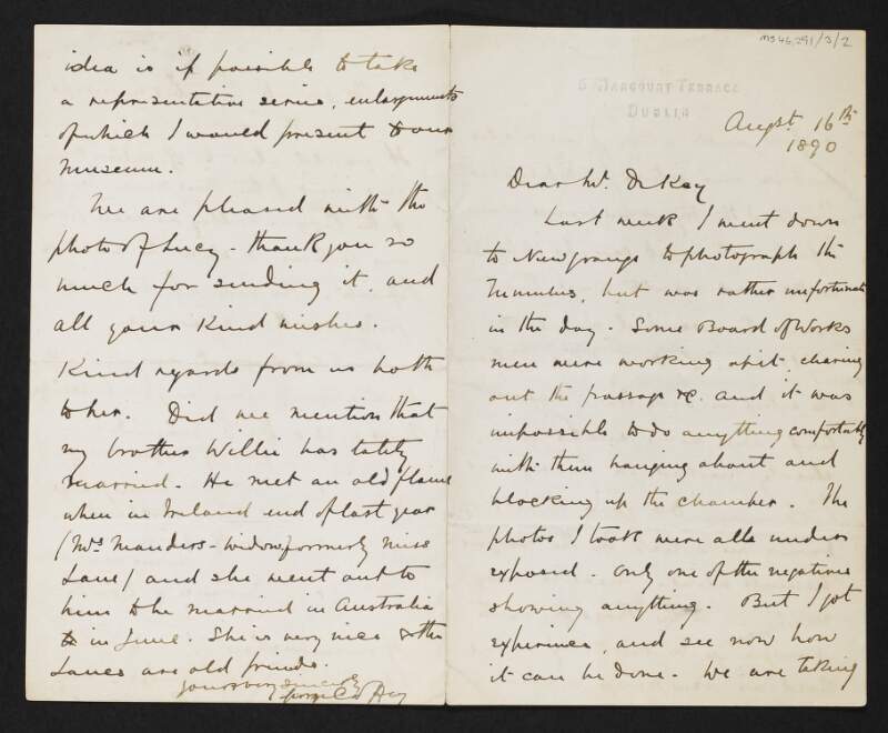 Letter from George Coffey to Charles De Kay regarding difficulties he encountered while photographing the Newgrange tunnels and discussing the possibility of an article on the Boyne tunnels,