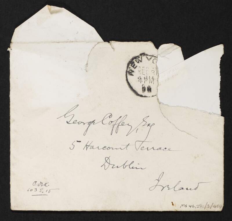 Letter from Charles De Kay to George Coffey regarding the publication of an article on Newgrange in 'The Country' magazine and the lack of support for Charles Stewart Parnell in the United States,