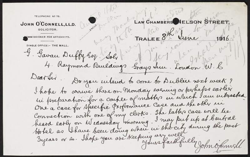 Letter from John O'Connell, Solicitor, Tralee, to George Gavan Duffy asking him if he is going to visit Dublin,