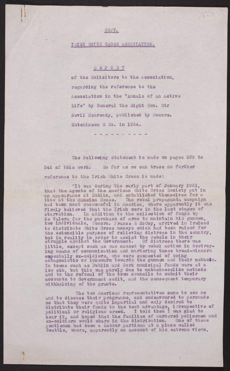 Copy report by Arthur Cox and Co. regarding the reference to the Irish White Cross in the 'Annals of an Active Life' by Nevil Macready,