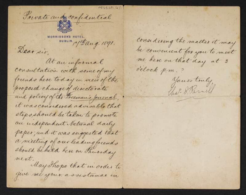 Letter from Charles Stewart Parnell to George Coffey regarding the change of directorate and policy of the 'Freeman's Journal',