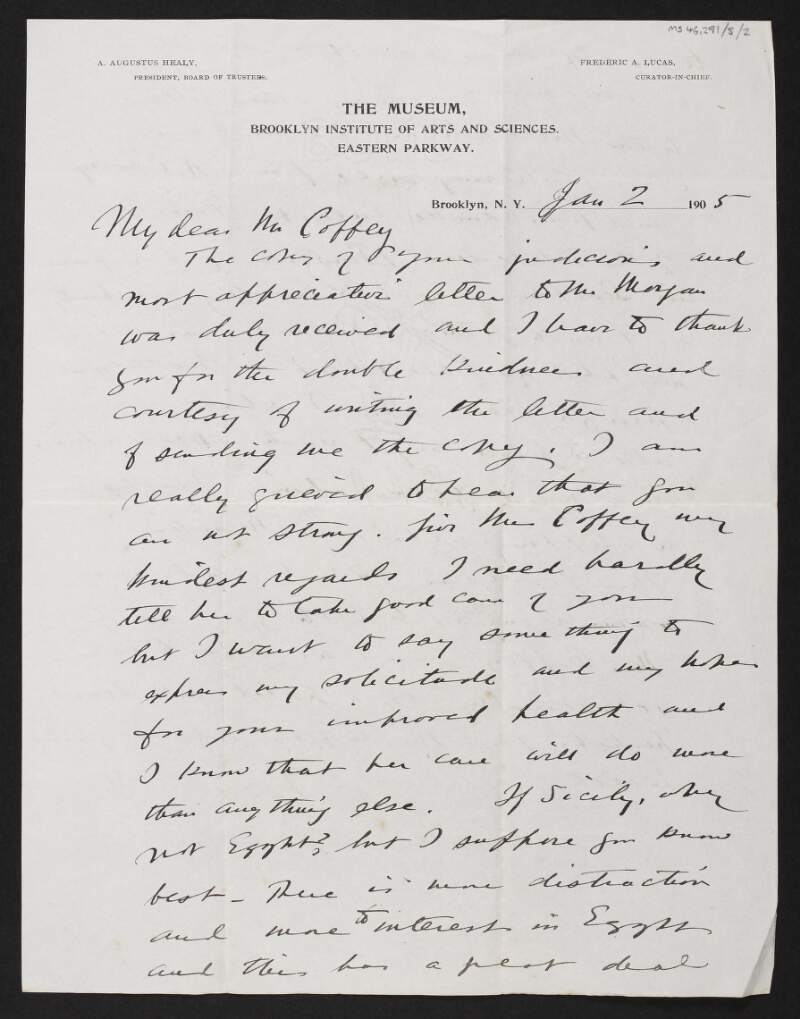 Letter from William H. Goodyear, Brooklyn Institute of Arts and Sciences, to George Coffey thanking him for sending a copy of his work,