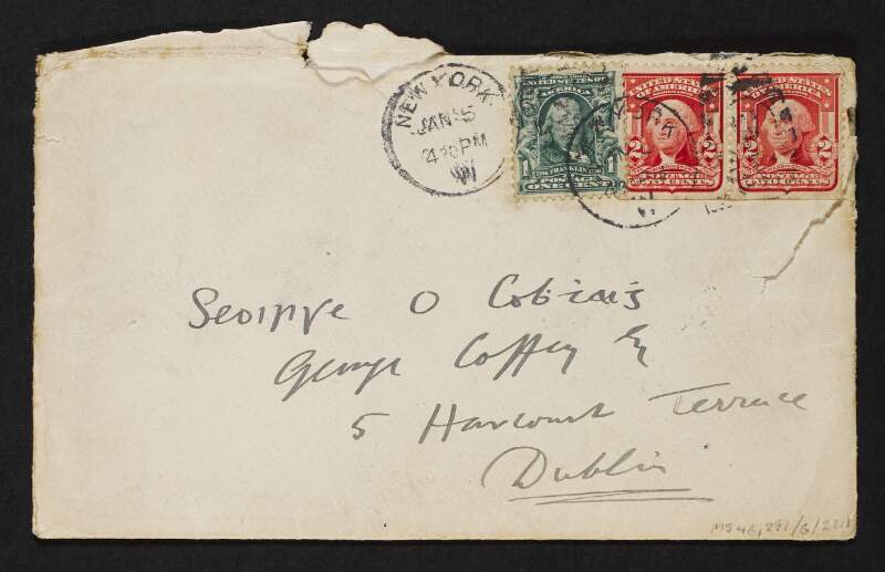 Letter from An Craoibhín, Douglas Hyde, to George Coffey regarding his tour of the United States,