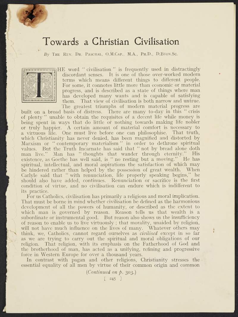 Draft notes for twelfth chapter of work on historical links between Germany and Ireland by Captain Liam D. Walsh, titled "Christianity v Communism",