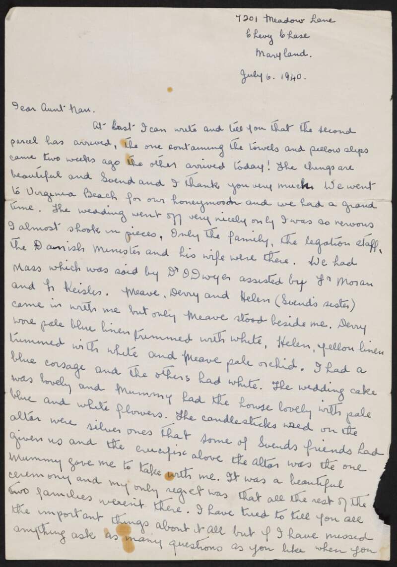 Letter from Emer Yort (née Brennan) to [Ann Brennan] regarding her wedding and honeymoon,