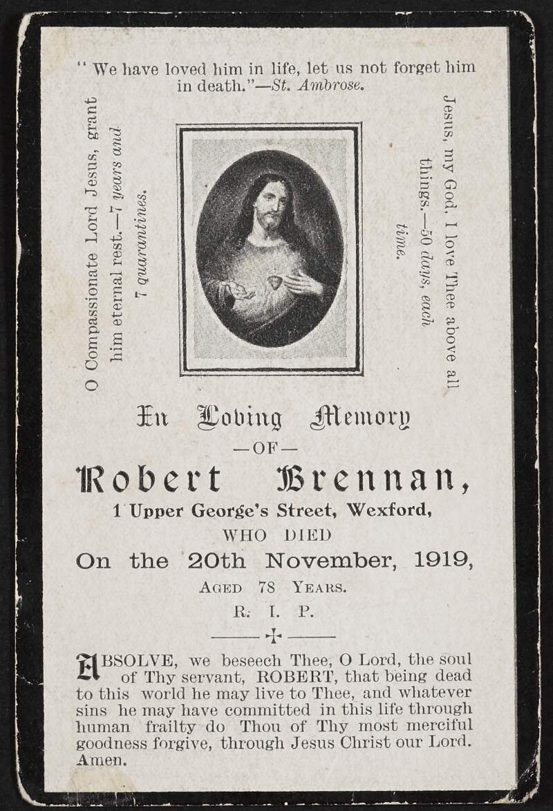 Memorial card for Robert Brennan, 1 Upper George's Street, Wexford, who died on 20 November 1919,