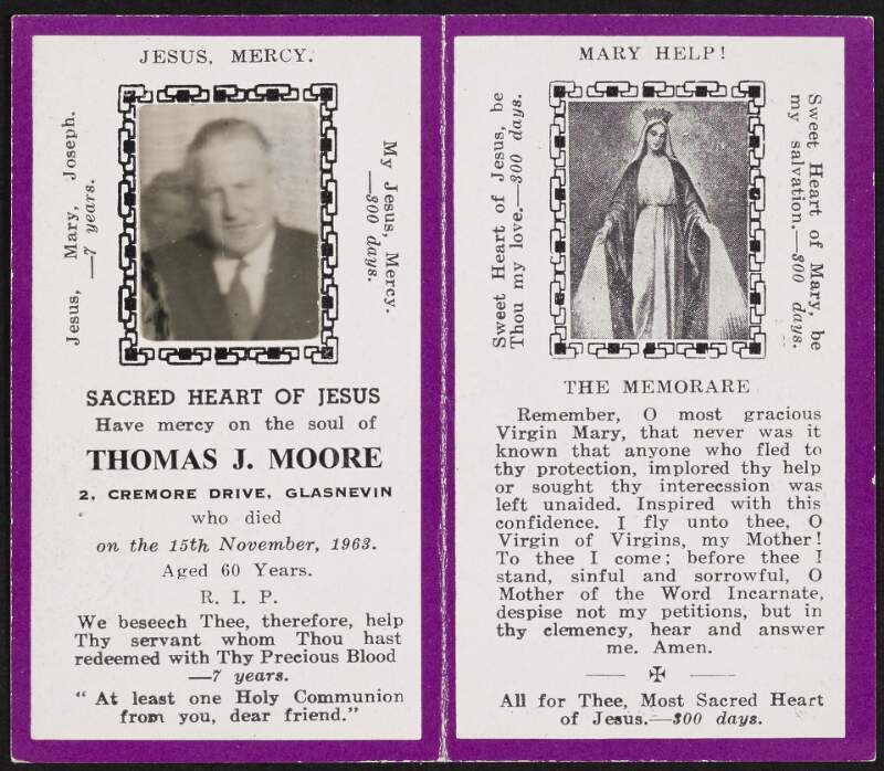 Memorial card for Thomas J. Moore, 2 Cremore Drive, Glasnevin, Dublin, who died on 15 November 1963,