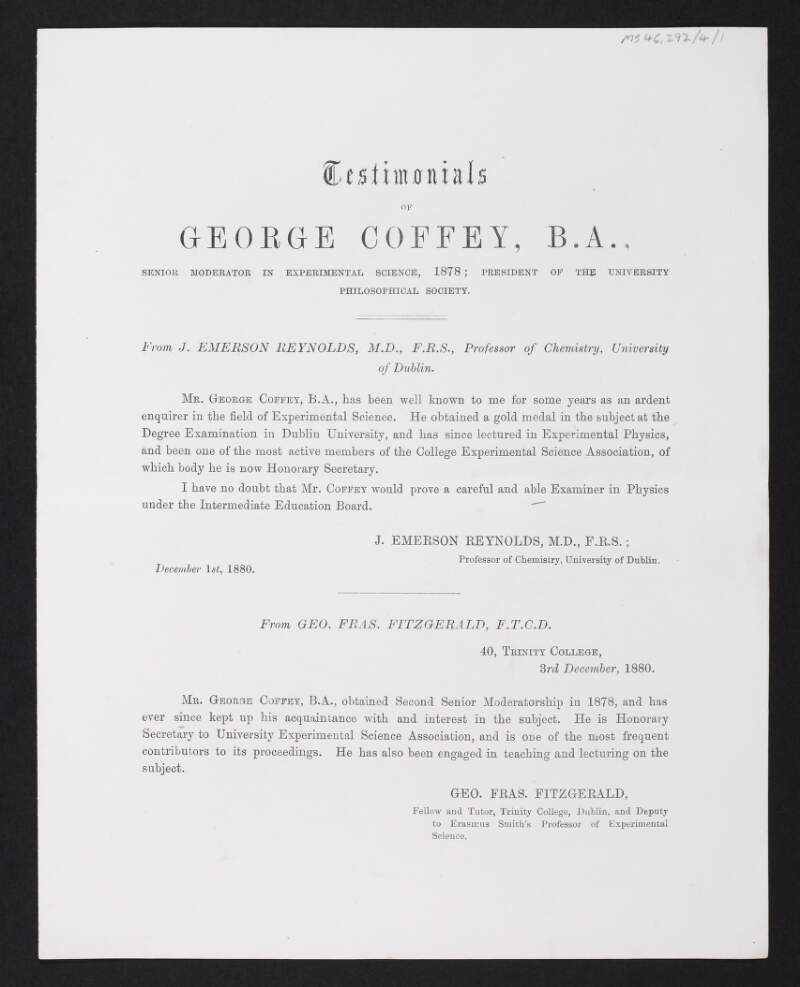 Testimonials of George Coffey by J. Emerson Reynolds and George Frasier Fitzgerald for the position of Examiner in Physics under the Intermediate Education Board,