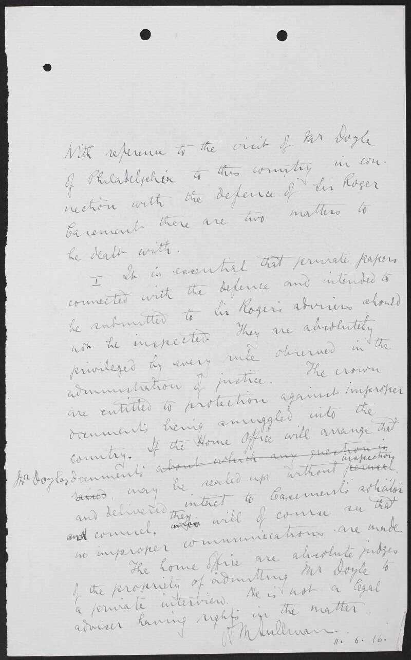 Note by Serjeant Alexander Martin Sullivan stating that the papers, relating to the Roger Casement trial, of Michael Francis Doyle should not be inspected,