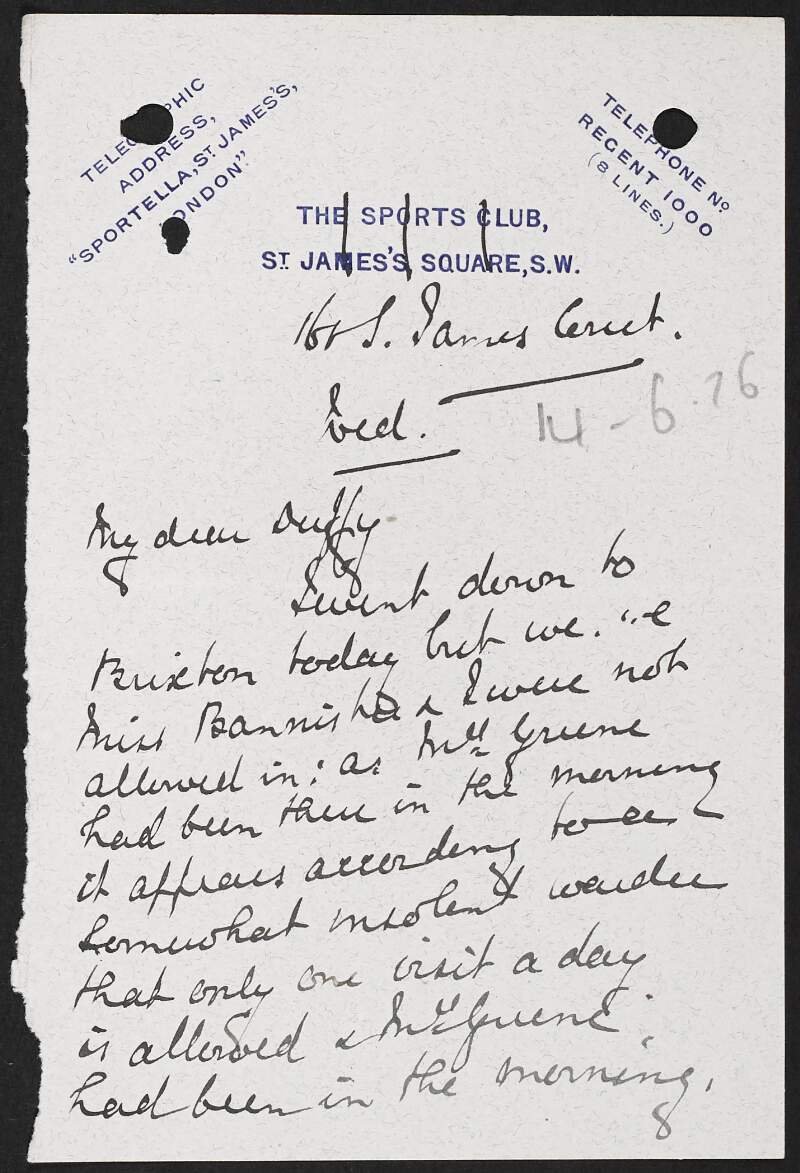 Letter from Methold Sidney Parry to George Gavan Duffy regarding a visit with Roger Casement,