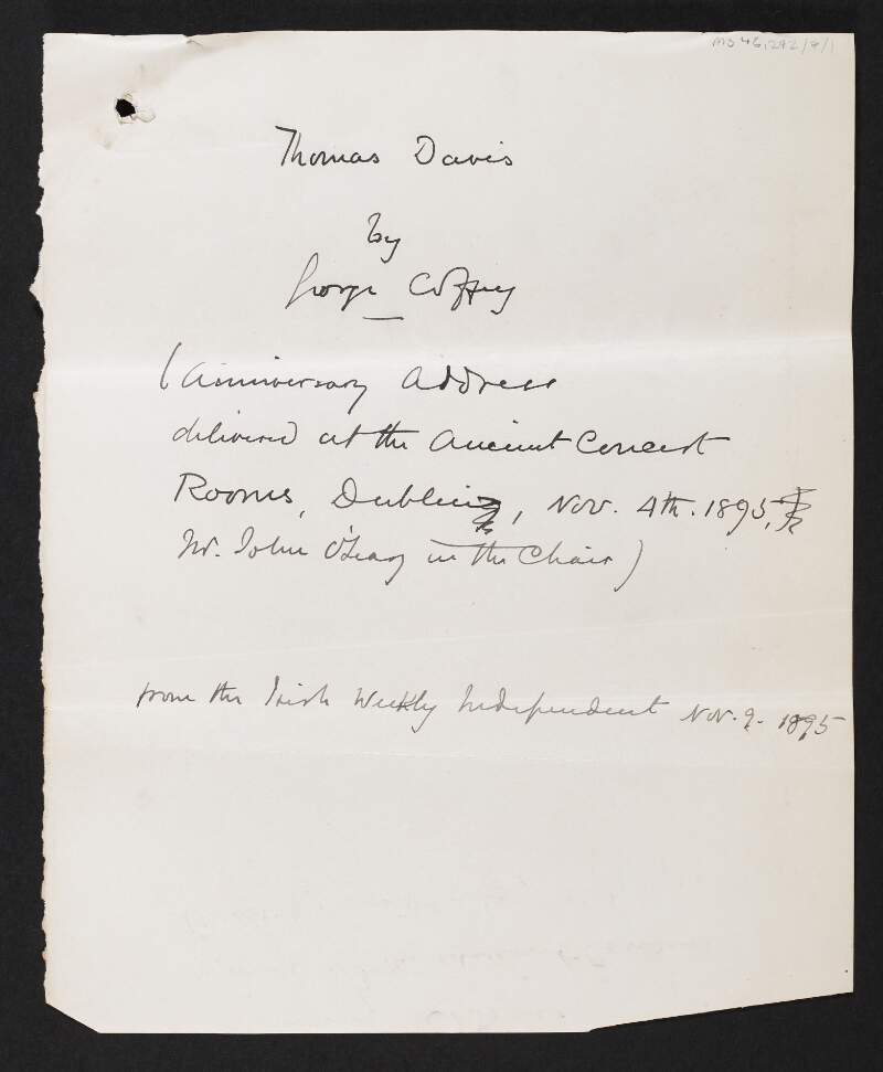 Copy of an anniversary address delivered by George Coffey on Thomas Davis,