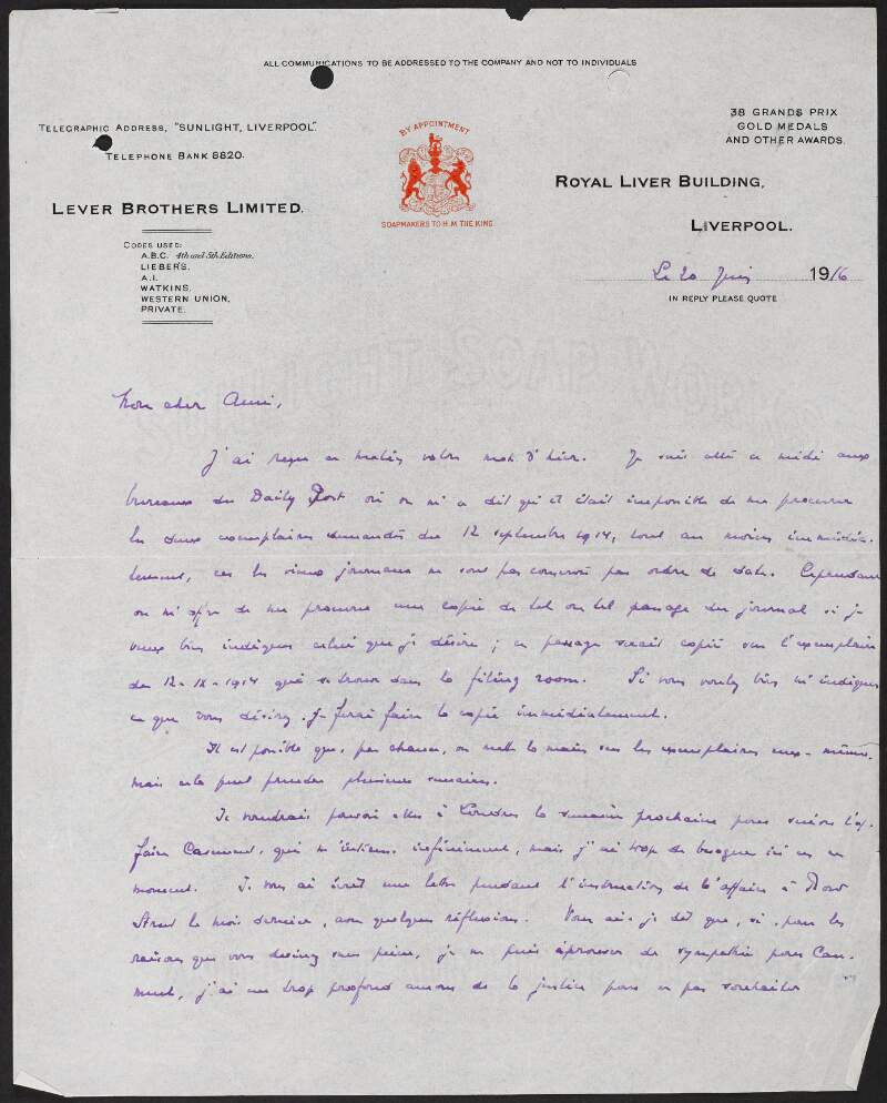 Letter from Lever Brothers Limited to George Gavan Duffy regarding the trial of Roger Casement,