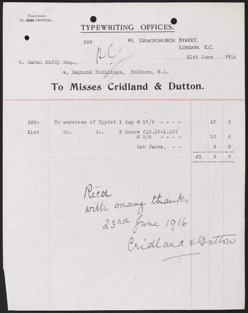 Receipt from Misses Cridland & Dutton to George Gavan Duffy for typewriting services,