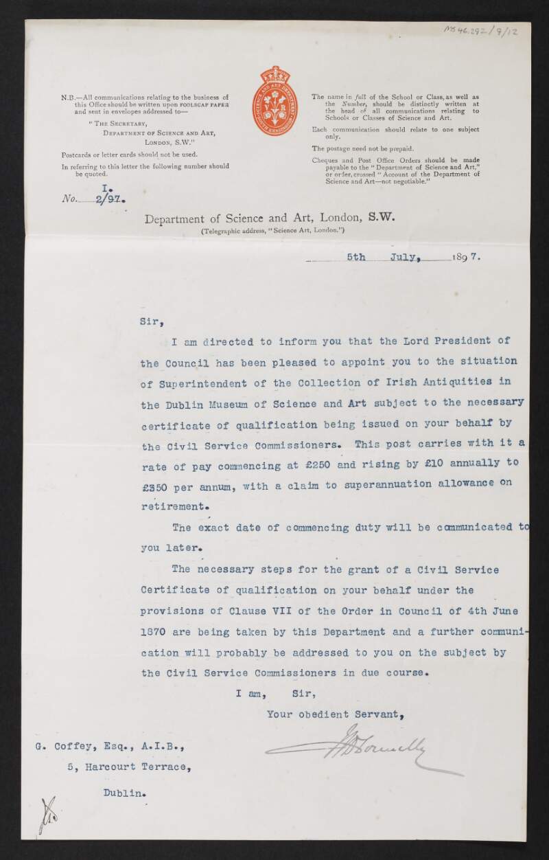 Letter from the Science and Art Department to George Coffey informing him on his appointment Curator of Irish Antiquities in the National Museum,