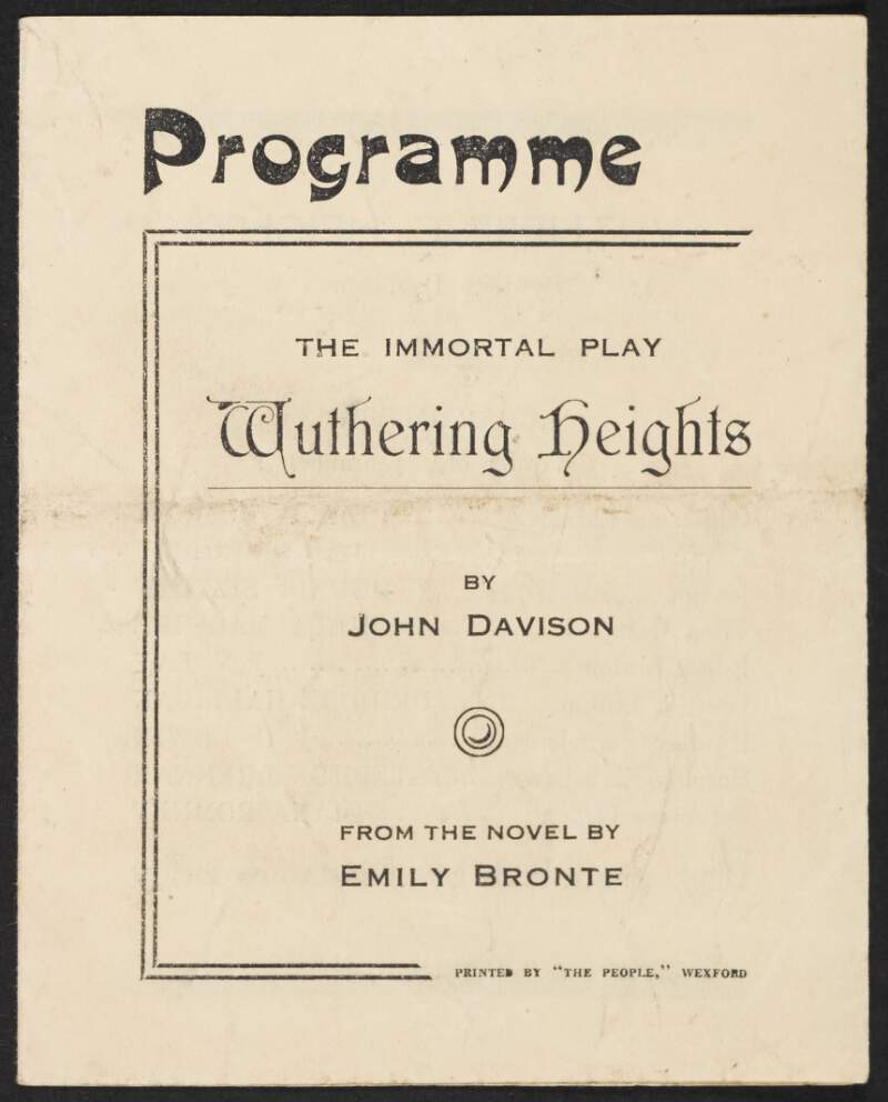 Programme for 'Wuthering Heights' by John Davison from the novel by Emily Brontë, produced by Diana Romney,