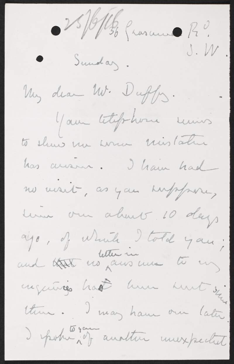 Letter from Alice Stopford Green to George Gavan Duffy regarding a visit,