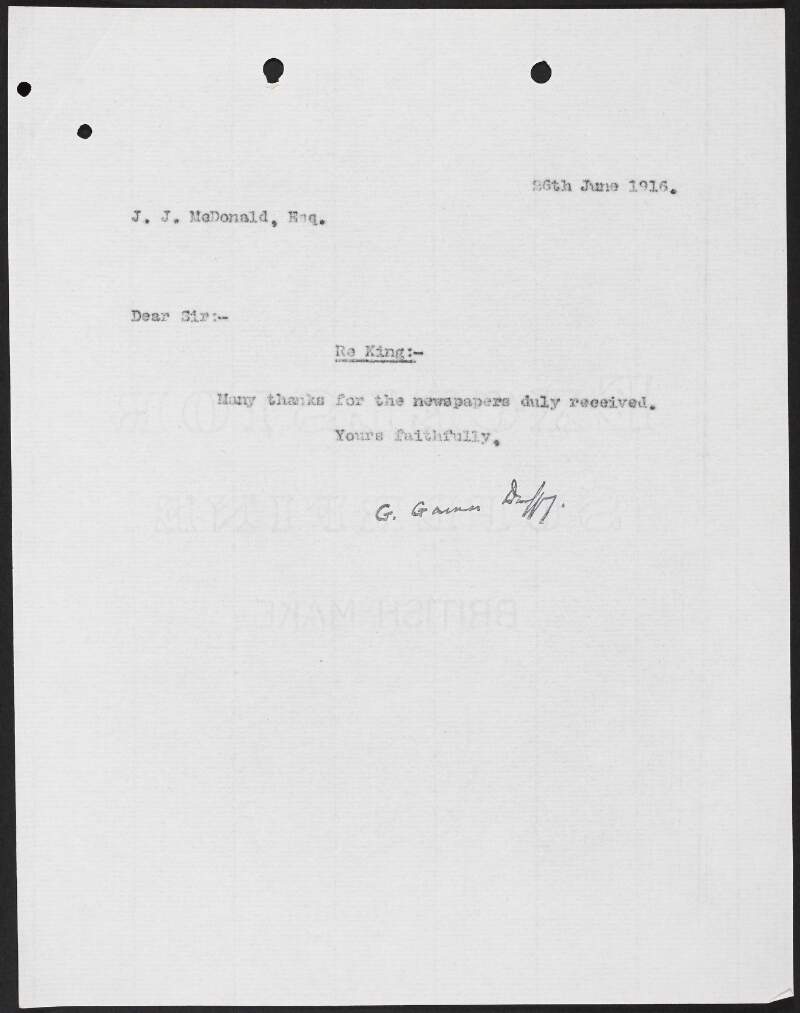Letter from George Gavan Duffy to John J. McDonald thanking him for newspapers,