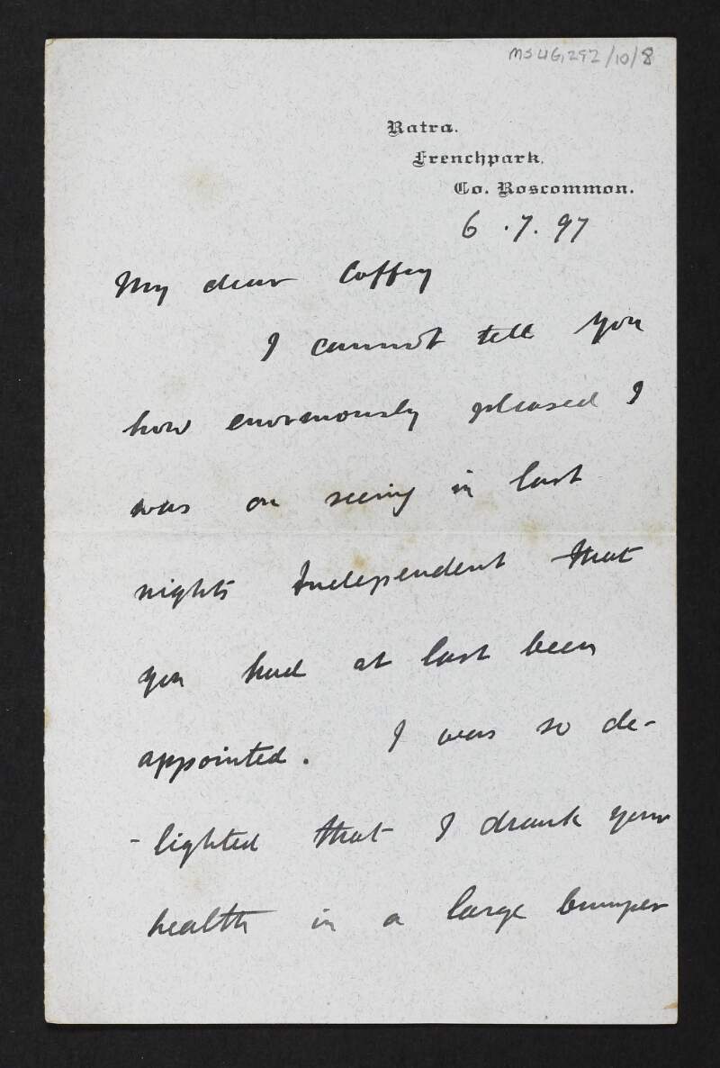 Letter from Douglas Hyde to George Coffey congratulating him on his appointment as Curator of Irish Antiquities in the National Museum,