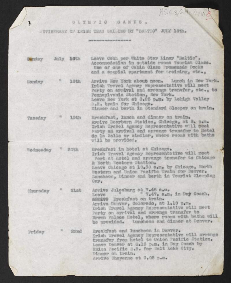 Typescript itinerary for the voyage of the Irish Team on the 'Baltic' to the Los Angeles Olympic Games,