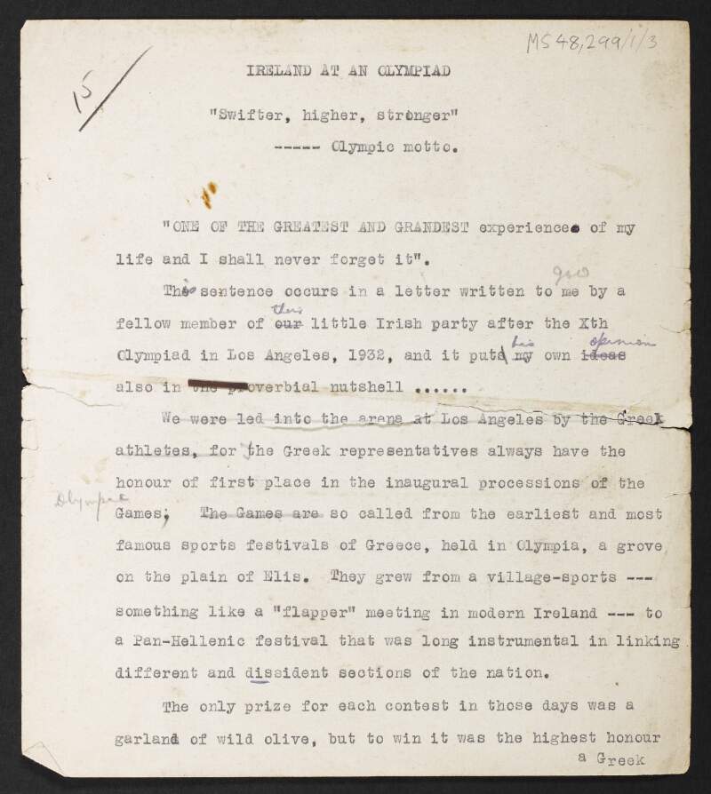 Typescript document by Eoin O'Duffy titled "Ireland at an Olympiad", regarding Ireland's attendance at the 1932 Los Angeles Olympic Games,