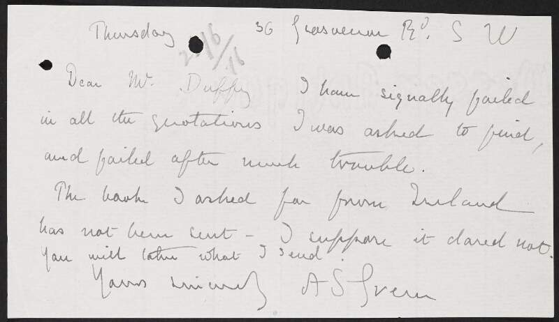 Note from Alice Stopford Green to George Gavan Duffy regarding a [book] from Ireland,