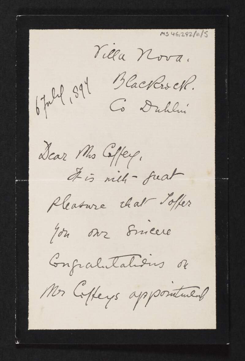 Letter from Rosa Gilbert to Jane Coffey congratulating George Coffey on his appointment as Curator of Irish Antiquities in the National Museum,