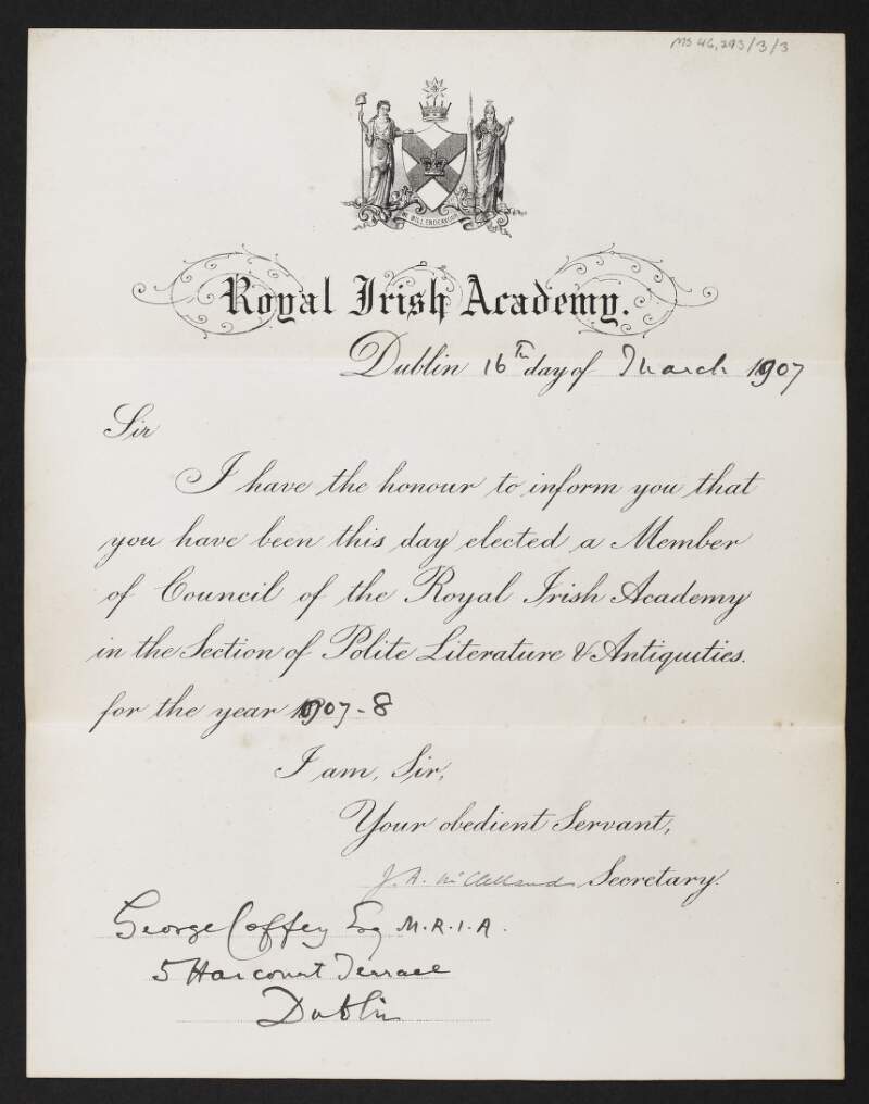 Letter from John Alexander McClelland, Secretary of the Royal Irish Academy, to George Coffey informing him that he has been elected as Member of Council of the Royal Irish Academy,