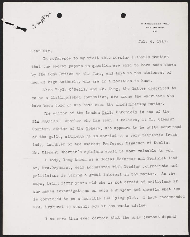Letter from Frank Hugh O'Donnell, Tregunter Road, The Boltons, to [George Gavan Duffy] regarding secret papers shown by the Home Office to the jury in the trial of Roger Casement,
