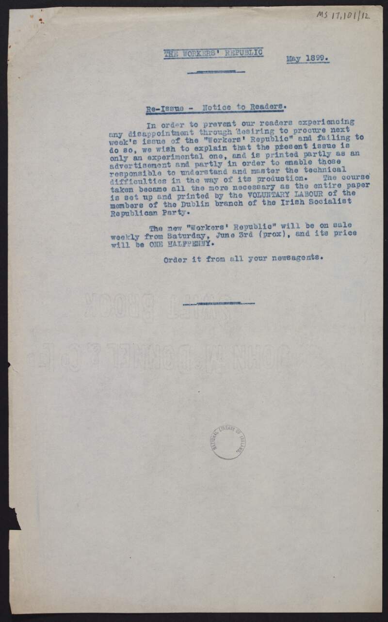 Typescript extract from 'Workers' Republic' titled "Re-Issue - Notice to Readers', regarding the sale and price of the new 'Workers' Republic",