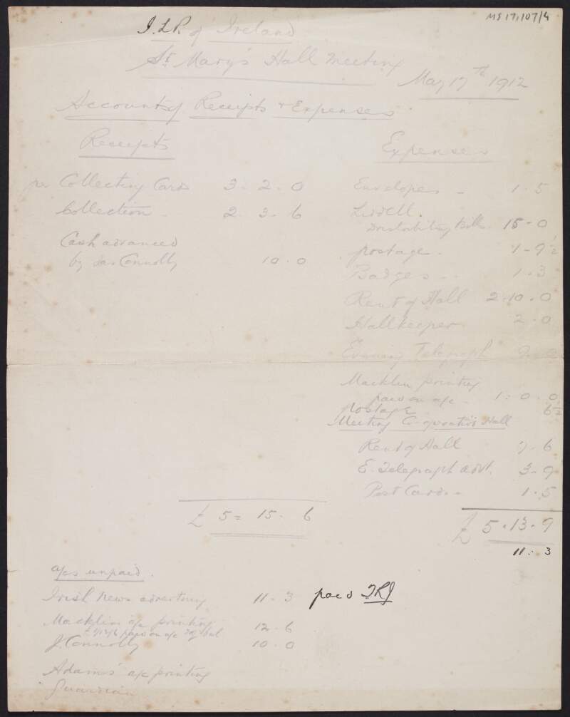 Accounting receipts and expenses for a meeting at St. Mary's Hall for the Independent Labour Party of Ireland,