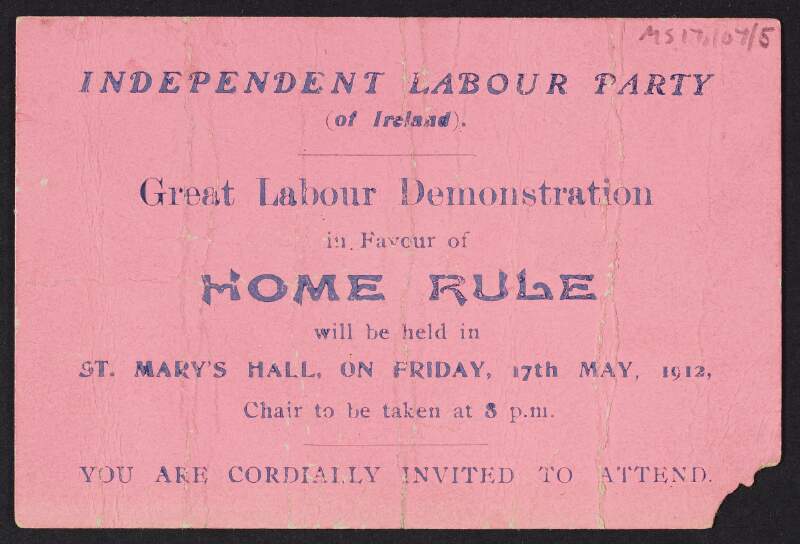 Invitation to a meeting regarding Home Rule at St. Mary's Hall,