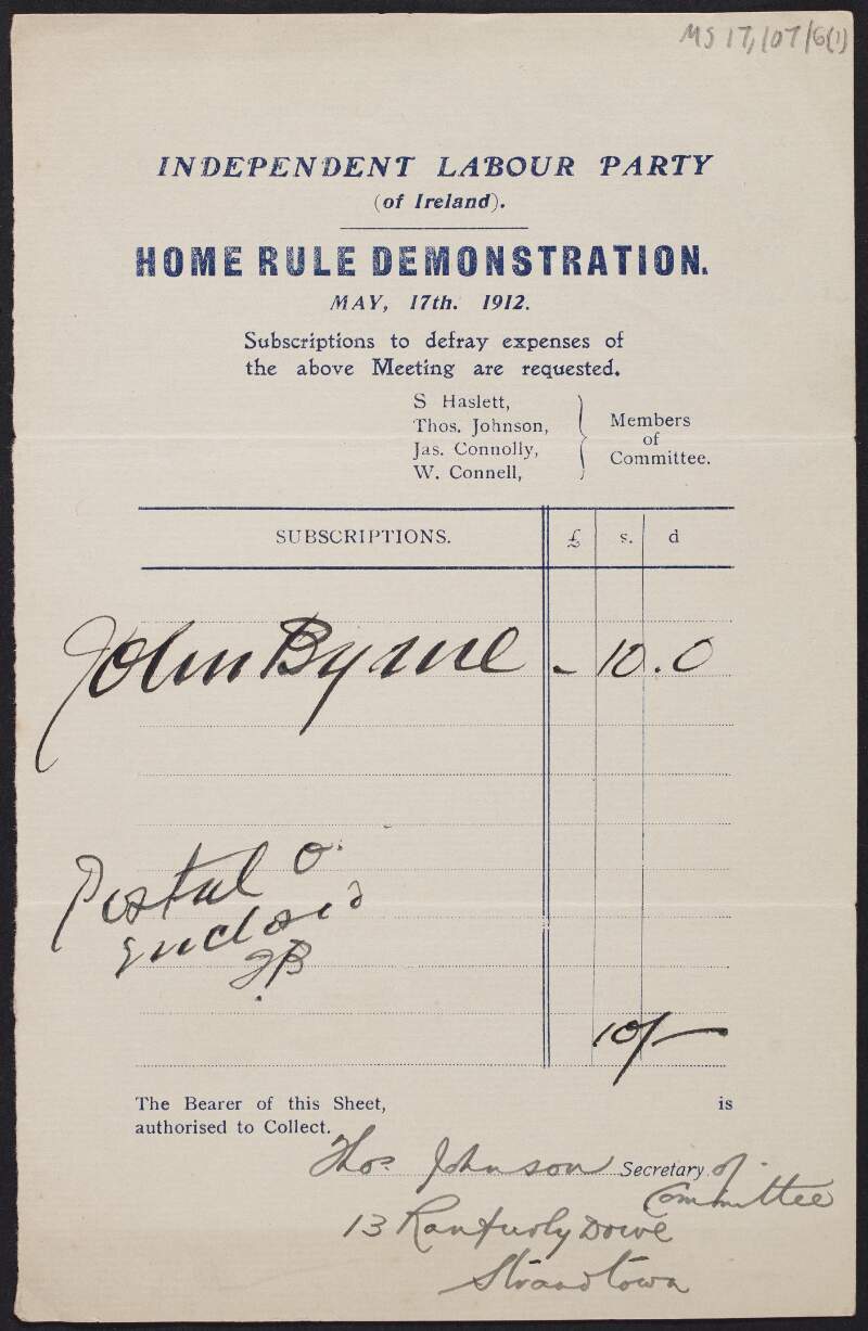 Subscriptions to defray expenses of a Home Rule demonstration,