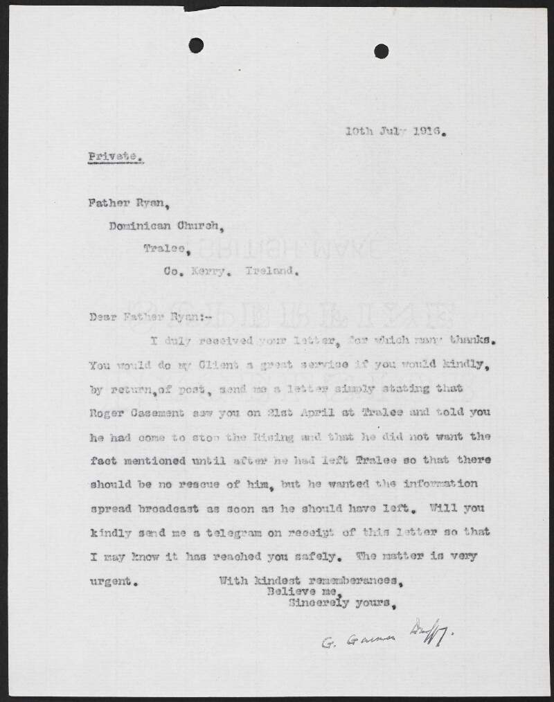 Letter from George Gavan Duffy to Father Ryan, Dominican Church, Tralee, County Kerry, asking him to send a letter about an encounter he had with Roger Casement on 21 April 1916,