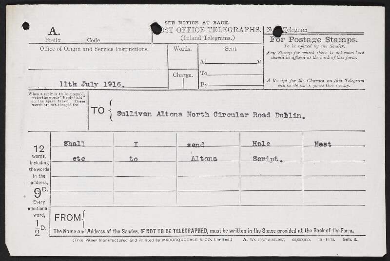 Telegram from unidentified person to Serjeant Alexander Martin Sullivan asking should "Hale" be sent east,