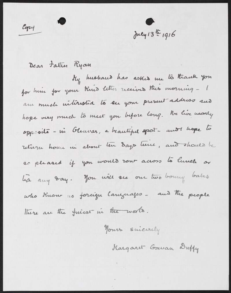 Copy letter from Margaret Gavan Duffy to Father Ryan thanking him and hoping to meet him soon,